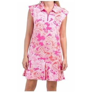 IBKUL Pink Paisley 1/4 Zip Flounce Hem Sleeveless Polo Dress Size XS Pockets